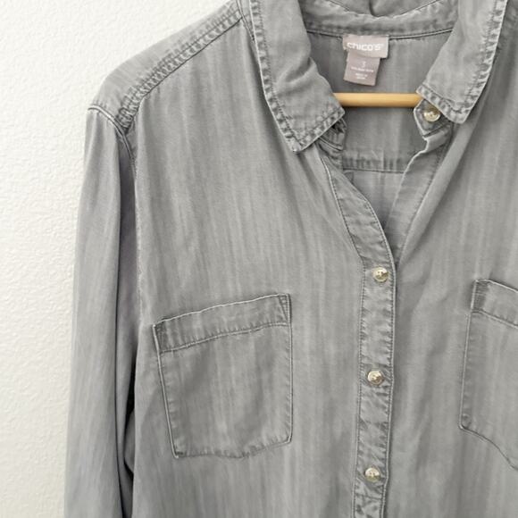 CHICO'S | Chambray Tunic Button Up Gray Tencel Lyocell  Long Sleeve | Size 3, XL - Picture 4 of 6